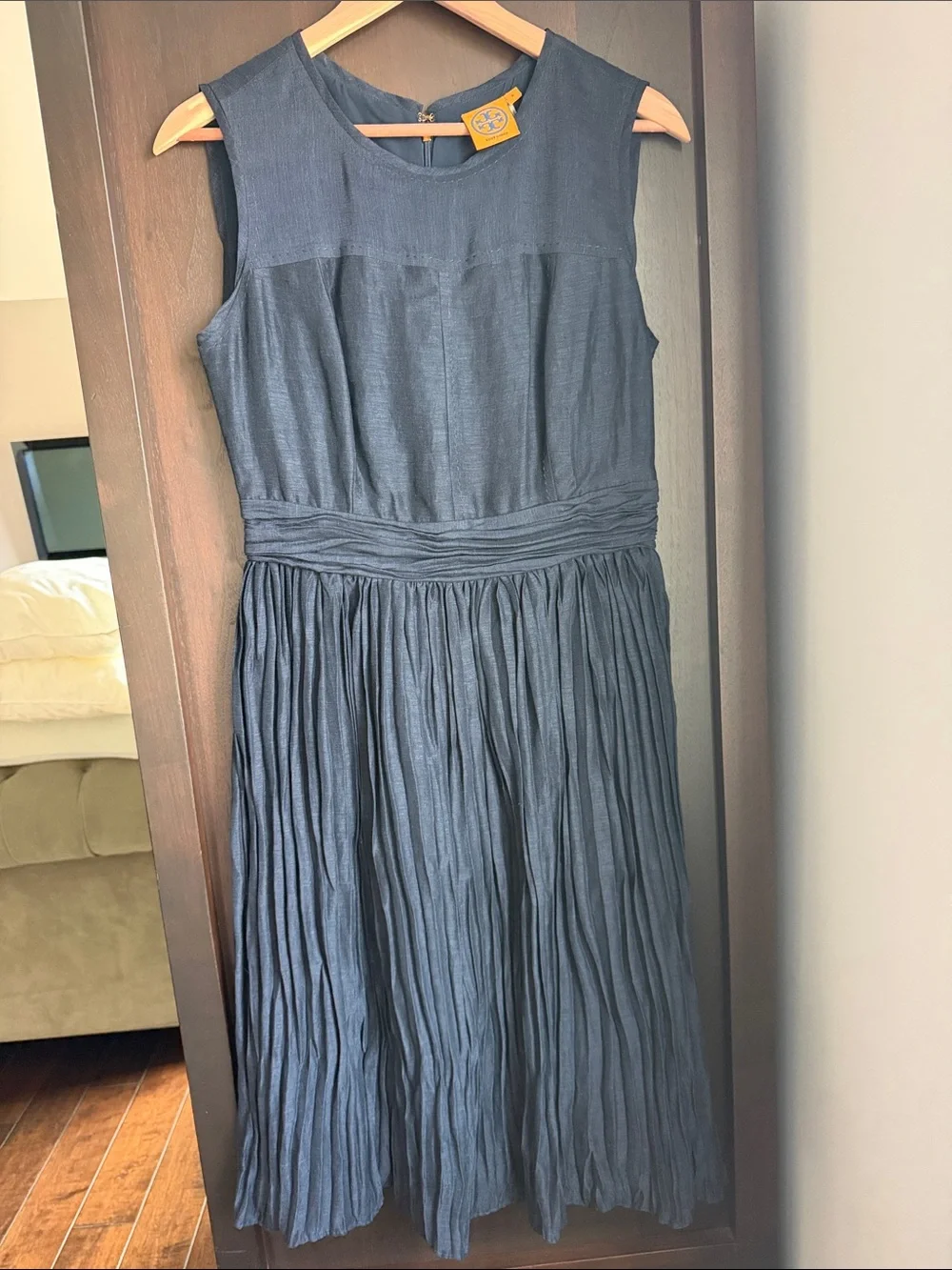 Tory Burch Sleeveless Navy Pleated Midi Dress-Perfect for a spring party!